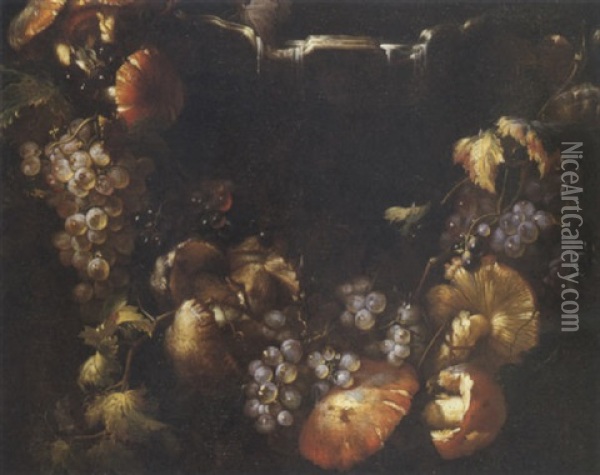Natura Morta Con Uva E Funghi Oil Painting - Michelangelo Cerquozzi
