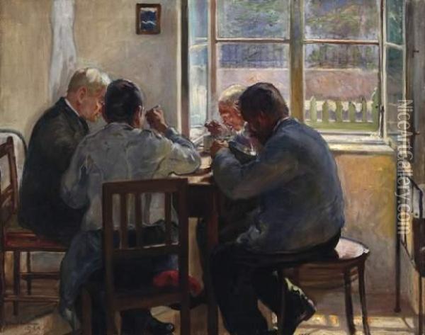 Le Repas Des Ouvriers Oil Painting - Richard Harlfinger