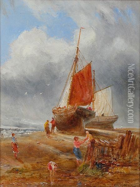 Fishing Boat At Low Tide On The Shore Withfigures Before Oil Painting - William Joseph Caesar Julius Bond