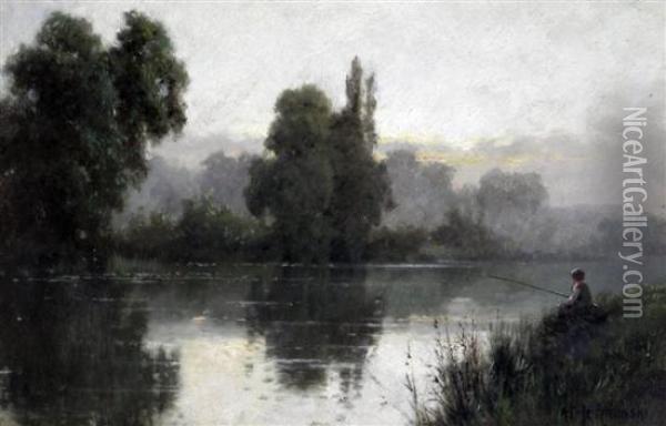 Angler In A Landscape Oil Painting - Alfred de Breanski