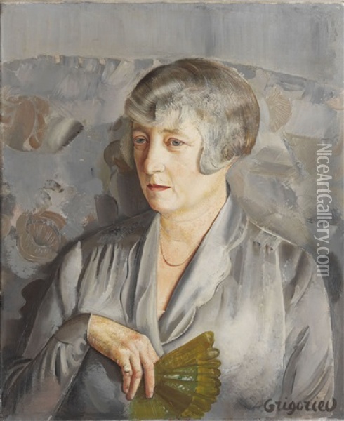 Madame Barthelemy With A Green Fan Oil Painting - Boris Dmitrievich Grigoriev