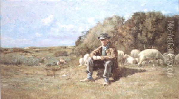 Landschap Met Schaapherder Oil Painting - Franz Courtens