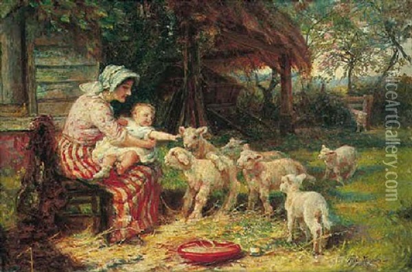 Springtime, Feeding The Lambs Oil Painting - Frederick Morgan