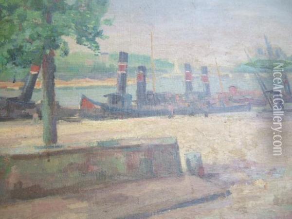 Steam Boats Moored On The Seine Oil Painting - T. Michel
