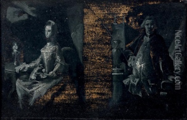 Portrait D'un Homme Debout, Appuye, Et Portrait D'une Femme Assise, Pres D'une Chandelle Oil Painting - Jacopo Amigoni