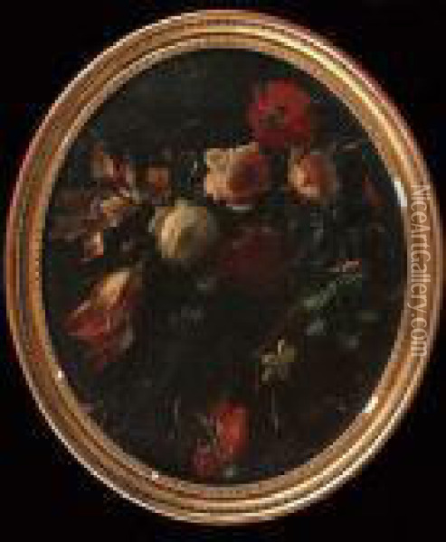 Carnations, Roses And Other 
Flowers Above A Carved Stone Shell; And Roses, Tulips And Poppies Above A
 Stone Staircase Oil Painting - Vicenzino
