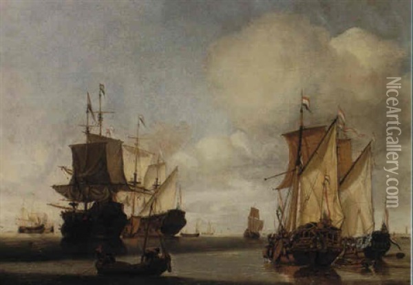 A Dutch Man O War And Other Shipping In A Calm Off          Enkhuizien With The Tall Tower Of The Zuiderkerk... Oil Painting - Gerrit Pompe
