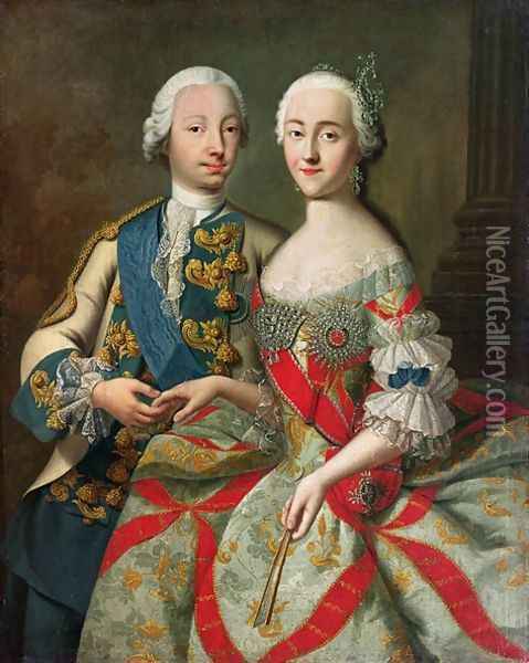 Portrait of Catherine the Great 1729-96 and Prince Petr Fedorovich 1728-62 Oil Painting - Georg Christoph Grooth