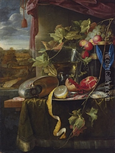A Conch Shell, A Lemon On A Silver Platter, A Pomegranate, Shrimps, Oysters, A Roemer, Fruit And Other Objects On A Table Oil Painting - Jan Davidsz De Heem