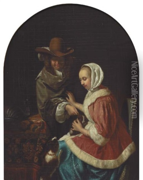 Teasing The Pet Oil Painting - Frans van Mieris the Elder