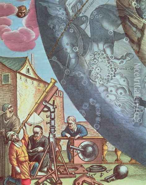 Astronomers looking through a telescope, detail from a map of the constellations from 'The Celestial Atlas, or The Harmony of the Universe' Oil Painting - Andreas Cellarius