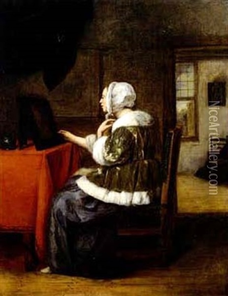 A Lady Seated Before Her Mirror In An Interior, A           View To Another Room Beyond Oil Painting - Joost van Geel