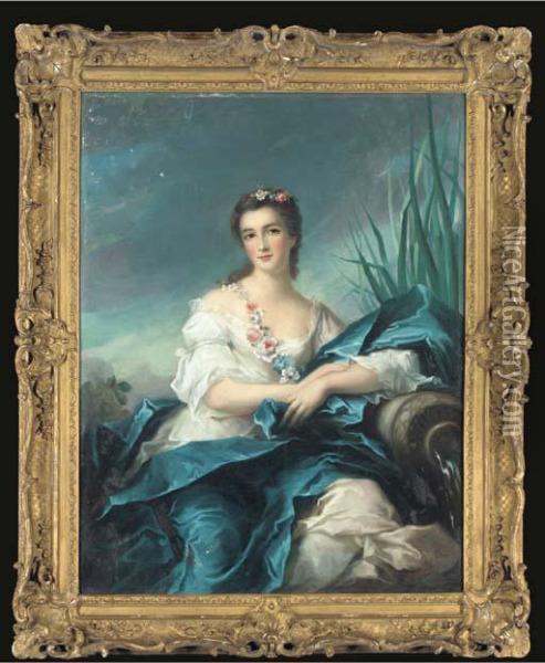 Portrait Of A Lady, As A River Goddess, In A White Satin Dress Andblue Mantle, A Garland Of Flowers Over Her Shoulder Oil Painting - Jean-Baptiste Nattier