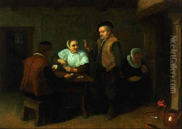 Peasants Playing Cards In An Interior Oil Painting - Quiringh Gerritsz van Brekelenkam