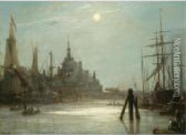 Le Hoofdpoort A Rotterdam, Effet De Lune Oil Painting - Johan Barthold Jongkind