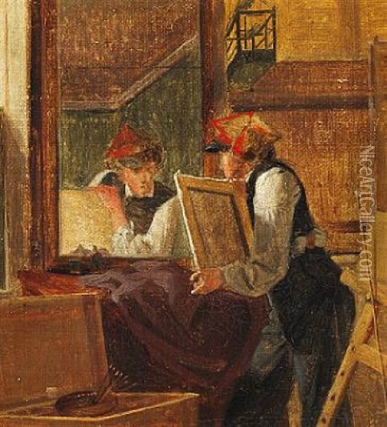 En Ung Kunstner Betragtende En Skitse I Et Spejl Oil Painting - Wilhelm Ferdinand Bendz