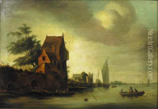 A River Scene With Figures In Boats Oil Painting - Reinier Van Der Laeck