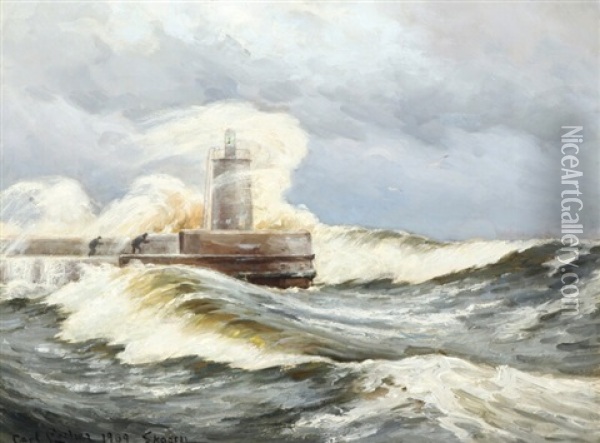 Stormy Day At Skagen With Waves Sweeping Over The Pier Oil Painting - Carl Ludvig Thilson Locher