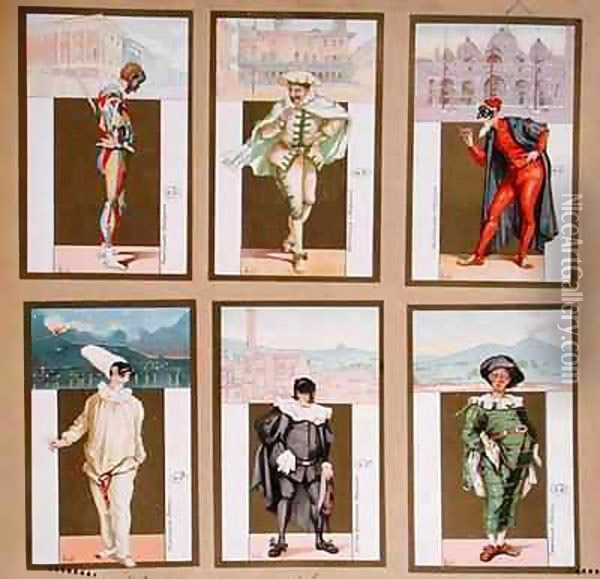 Set of six vignettes depicting characters from the Commedia dell'Arte Oil Painting - Bertelli