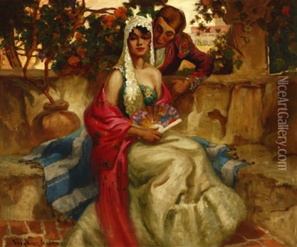 A Courtesan And Woman Sitting In A Courtyard Oil Painting - Oscar Theodore Jackman