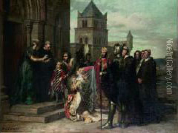 Sainte Rhingarde Entrant Au Monas-tere De Marsigny Oil Painting - Pierre Charles Comte