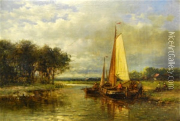 Figures On A Barge, In A Tranquil River Scene Oil Painting - Abraham Hulk the Elder