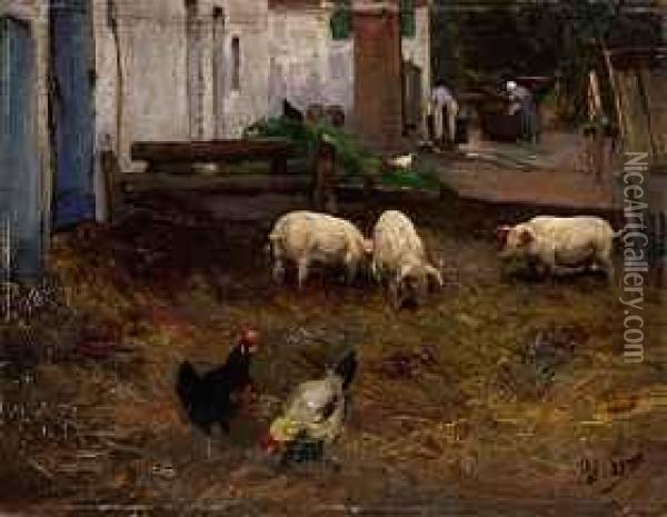 Schweine Und Huhner Vor Einem Bauernhof Oil Painting - Adolf Lins