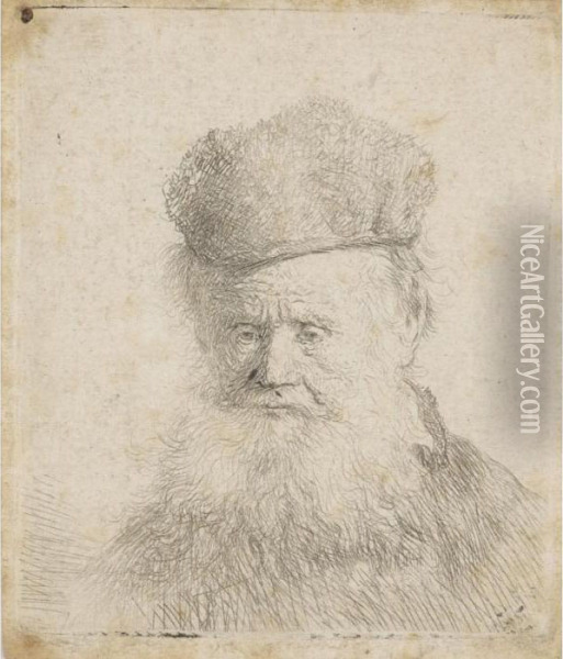 Bust Of An Old Man With A Fur Cap And Flowing Beard, Nearly Full Face, Eyes Direct Oil Painting - Rembrandt Van Rijn