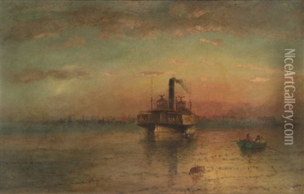 Ferry Departing, Castle Clinton, New York Harbor Oil Painting - Elisha Taylor Baker