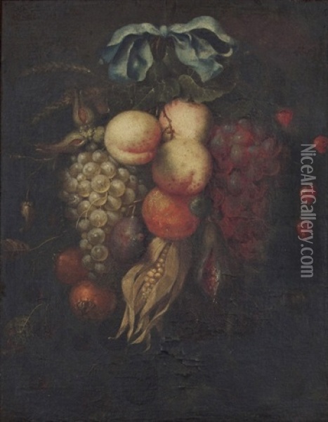 A Swag Of Hanging Fruit With A Blue Ribbon Tie Oil Painting - Jan Pauwel Gillemans The Elder