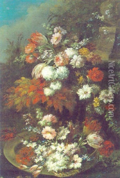 Blumenarrangement Vor Einem Steinernen Brunnen In Einer Parklandschaft Oil Painting - Jan-Baptiste Bosschaert