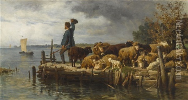 Schafe An Der Bootslande Oil Painting - Anton Braith