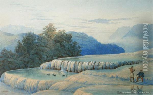 White Terrace With Maori & European
 Figures Oil Painting - John Barr Clarke Hoyte