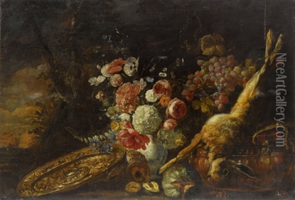 Stillleben Mit Blumen, Fruchten, Tischgerat Und Erlegtem Hasen Oil Painting - Pieter Boel