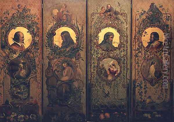 A four leaf screen with portraits of Shakespeare, Milton, Chaucer and Spenser Oil Painting - William Bell Scott