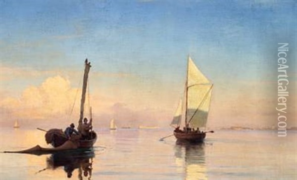 Fishing Boats In The Morning Light Off Copenhagen Oil Painting - Carl Johann Neumann