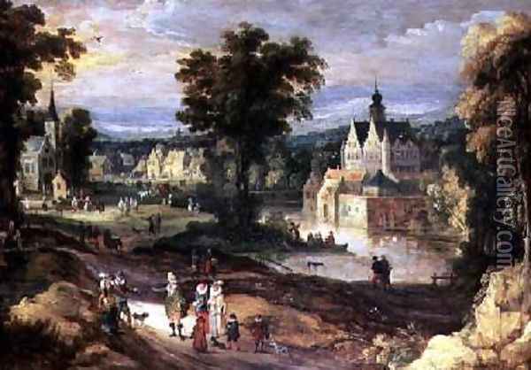 Figures in a landscape with village and castle beyond Oil Painting - Josse de Momper