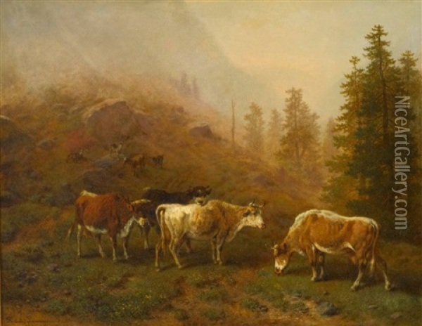Kuhe Und Ziegen Auf Der Alm Oil Painting - Richard Zimmermann