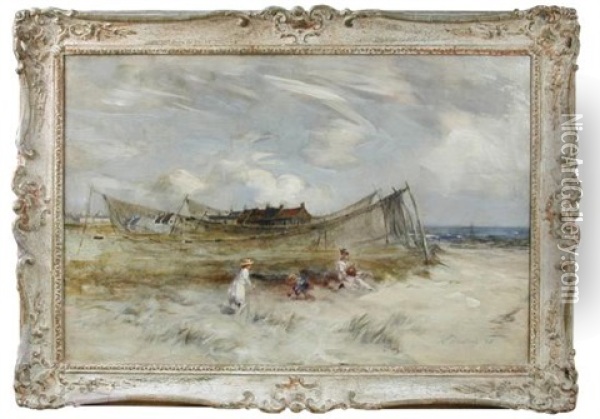 Children Playing By Drying Nets, Carnoustie Beach Oil Painting - Stirling Malloch