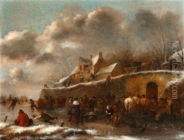 A Village Scene In Winter Oil Painting - Nicolaes Molenaer