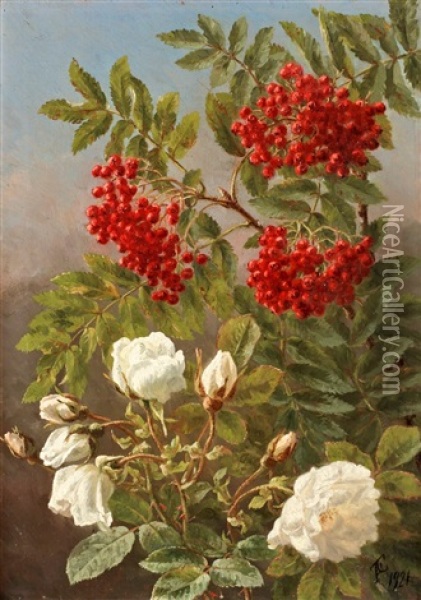 Blomsterstilleben Med Rosor Och Ronnbar Oil Painting - Anthonie Eleonore (Anthonore) Christensen