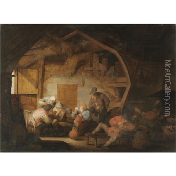 The Interior Of A Barn With Peasants Playing Cards Around A Stool Oil Painting - Adriaen Jansz van Ostade