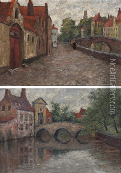 Vue D'un Canal A Bruges (pair) Oil Painting - Alfons de Clercq