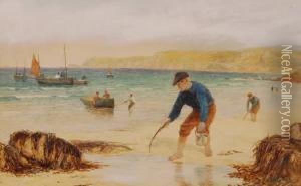 Fisherfolk On Thebeach Oil Painting - William Henry Borrow