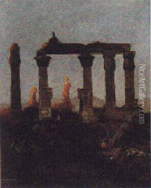 Aegyptisk Tempelruin Ved Solnedgang Oil Painting - Albert Hertel