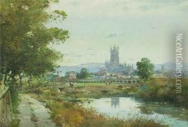Landscape With Gloucester Cathedral Oil Painting - Noel Hubert Hopking