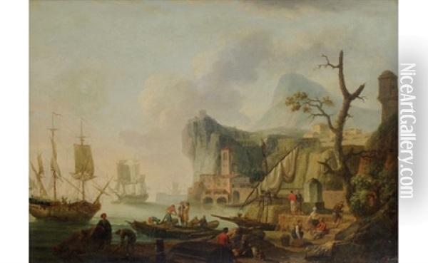Harbor Scene With Figures At Work Oil Painting - Pierre-Joseph Wallaert