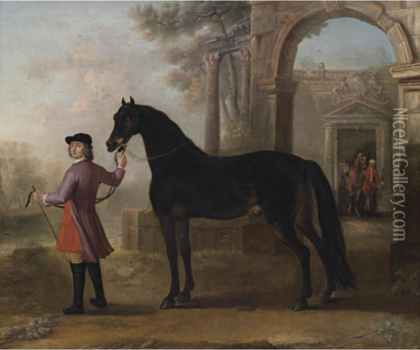 Lord Orrery's Horse, Nobby, Held By His Groom Oil Painting - John Wootton