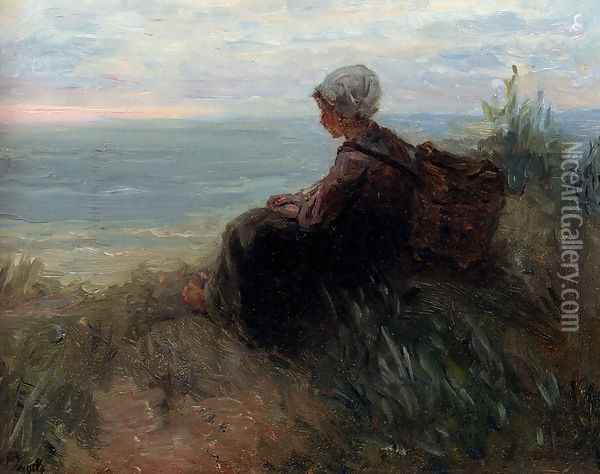 A Fishergirl On A Dunetop Overlooking The Sea Oil Painting - Jozef Israels