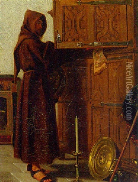 A Monk At A Court Cupboard Oil Painting - Henry Stacy Marks